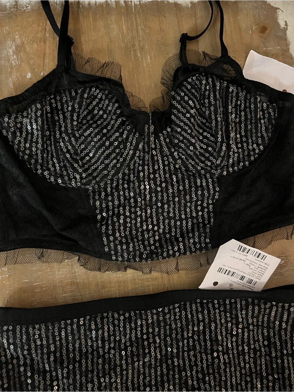 Wild Fable Black Sequin Lace Longline Bralette & High-Rise Hot Pants Set